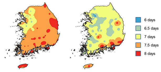 <p> 지역별 아까시나무 개화기간 분포 예측 결과(농촌진흥청, 2021)</p>