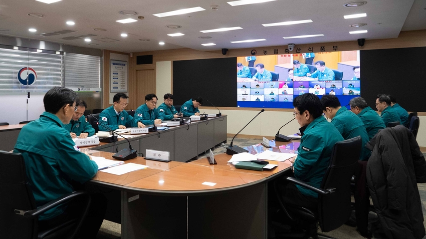 한훈농식품부 차관이 아프리카 돼지열병과 고병원성 조류 인플루엔자 확산 차단을 위해 관계부처와 지자체가 참여하는 중수본 회의를 진행하고 있다. 
