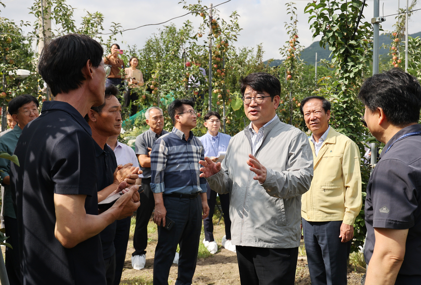 사진설명> 권재한 농촌진흥청장은 28일 경남 거창군에서 평면형 수형으로 사과나무를 재배하는 농가를 찾아 생육상황을 점검하고 농민들의 의견을 듣고 있다.<사진=농촌진흥청>