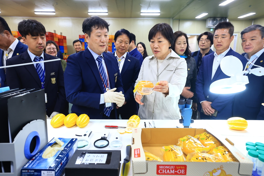  송미령 농림축산식품부 (이하 농식품부) 장관은 5월 7일(수) 경북 성주군 소재 월항농협 산지유통센터(APC) 내 수출 선과장을 방문하여 현장 관계자를 격려했다.